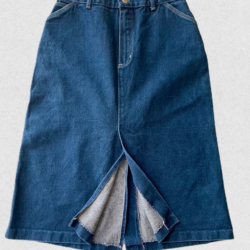 Vintage Denim Midi Skirt, Size 28, Dark Denim Pencil Skirt with Slit